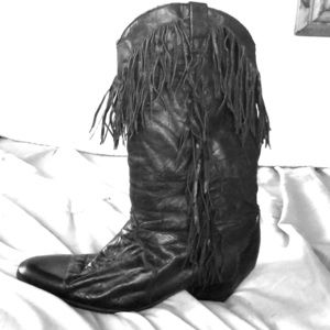Vintage Black Leather Fringe Cowboy Boots